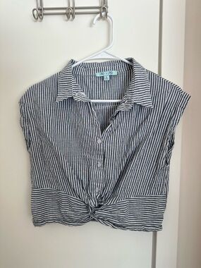 She + Sky Navy and White Striped Button-Front Tie Hem Top